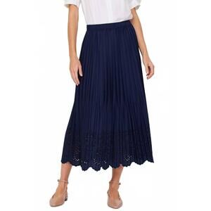 NEW GILD pleated eyelet midi skirt in navy